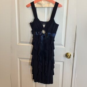 dressbarn Navy Ruffle Cocktail Dress with Satin Bow & Brooch